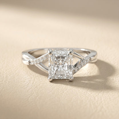 Radiant Cut Lab Grown Diamond Engagement Ring with Twisted Pavé Band in White Gold