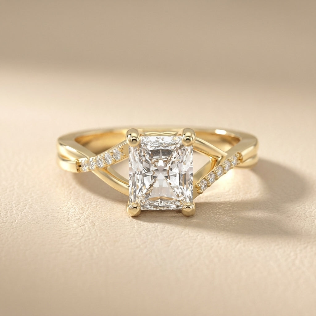 Radiant Cut Lab Grown Diamond Engagement Ring with Twisted Pavé Band in Yellow Gold