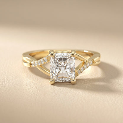 Radiant Cut Lab Grown Diamond Engagement Ring with Twisted Pavé Band in Yellow Gold