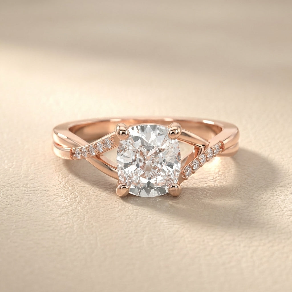 Cushion Cut Lab Grown Diamond Engagement Ring with Twisted Shank in Rose Gold