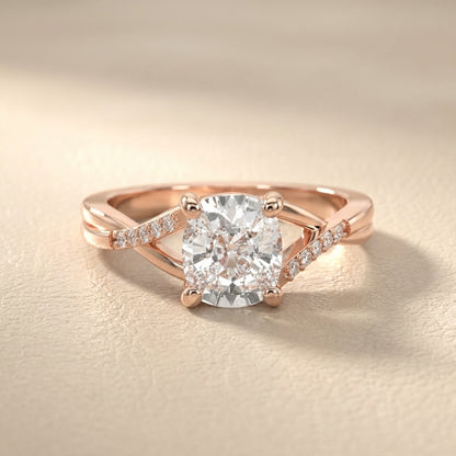 Cushion Cut Lab Grown Diamond Engagement Ring with Twisted Shank in Rose Gold