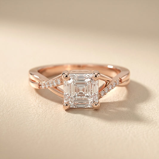 Asscher Cut Lab Grown Diamond Engagement Ring with Twisted Band in Rose Gold