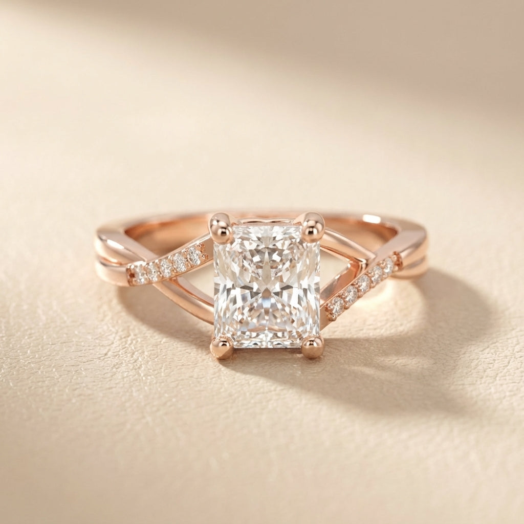 Radiant Cut Lab Grown Diamond Engagement Ring with Twisted Pavé Band in Rose Gold
