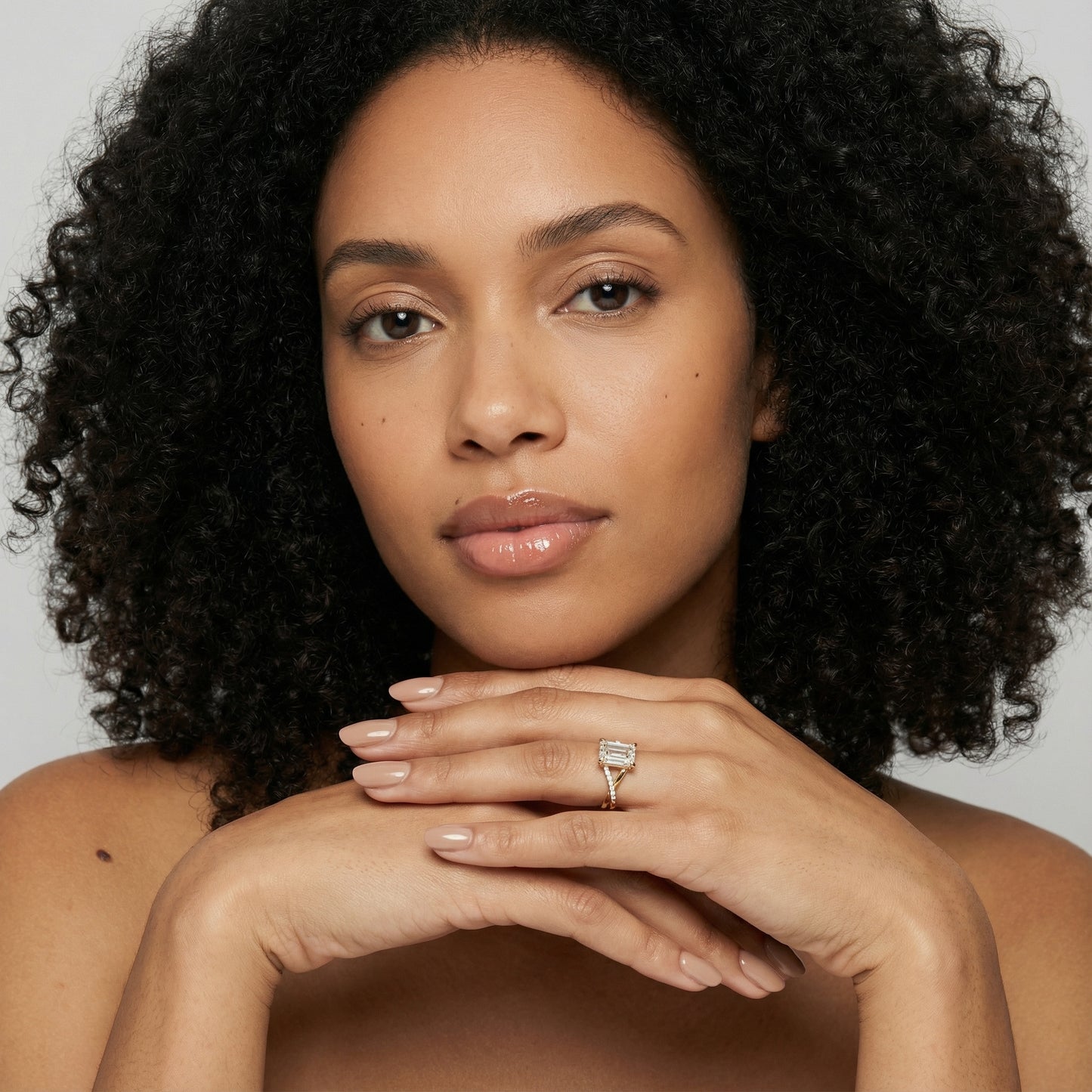 Emerald Cut Lab Grown Diamond Side Stone Engagement Ring in Yellow Gold