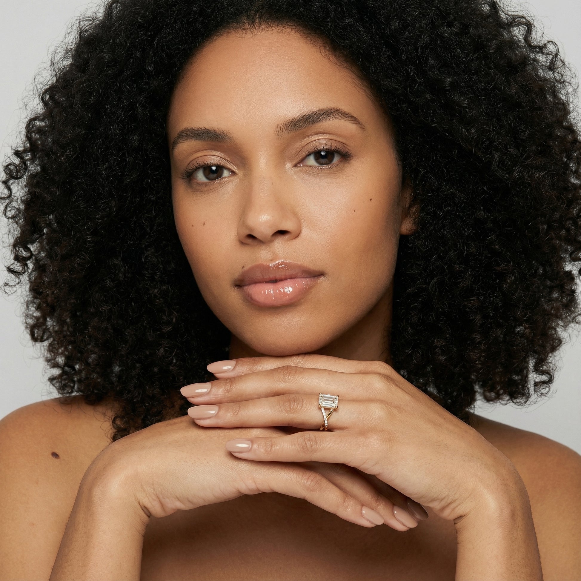 Emerald Cut Lab Grown Diamond Side Stone Engagement Ring in Yellow Gold