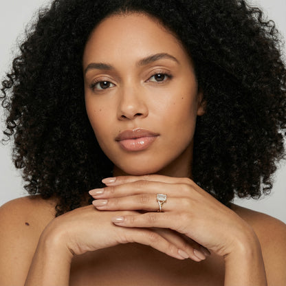 Emerald Cut Lab Grown Diamond Side Stone Engagement Ring in Yellow Gold