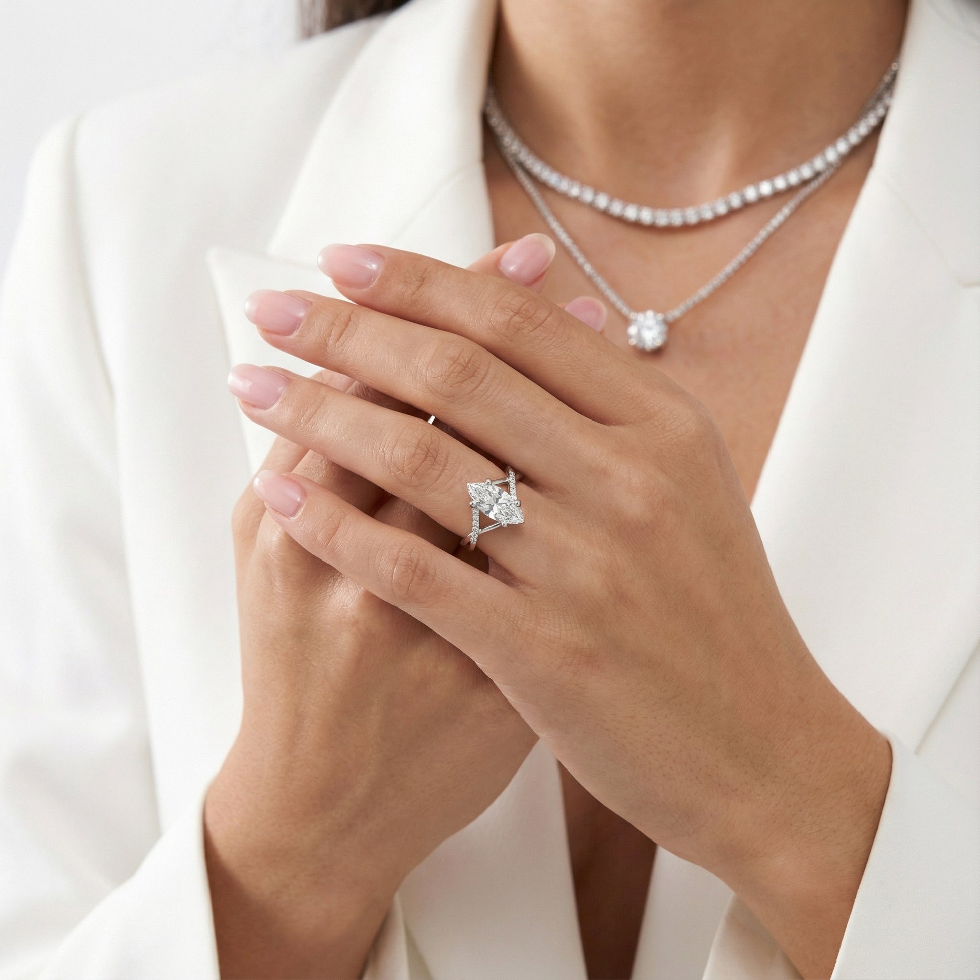 Marquise Cut Lab Grown Diamond Side Stone Twist Engagement Ring in White Gold