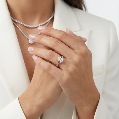 Emerald Cut Lab Grown Diamond Side Stone Engagement Ring in Rose Gold