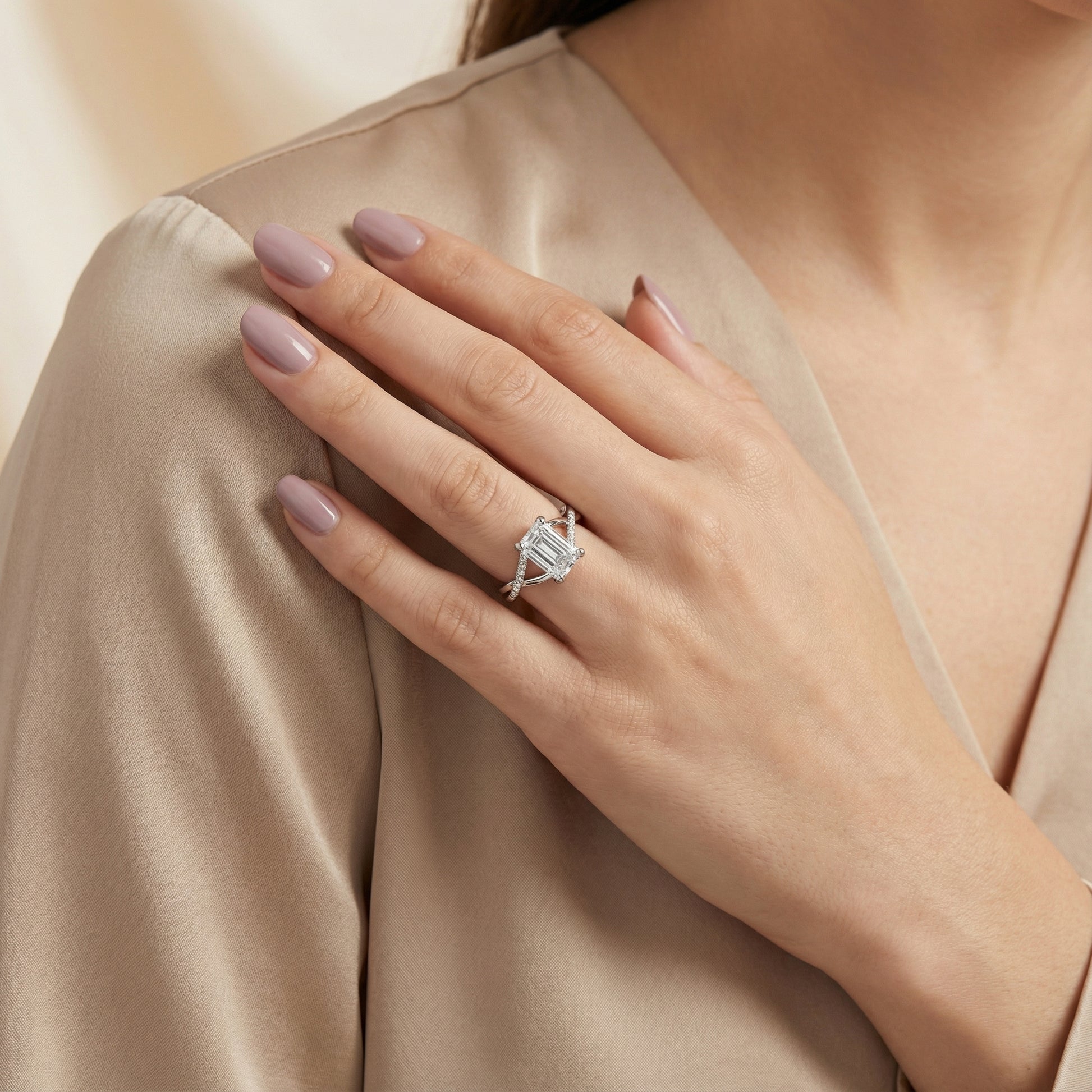 Emerald Cut Lab Grown Diamond Engagement Ring with Twisted Shank in Silver