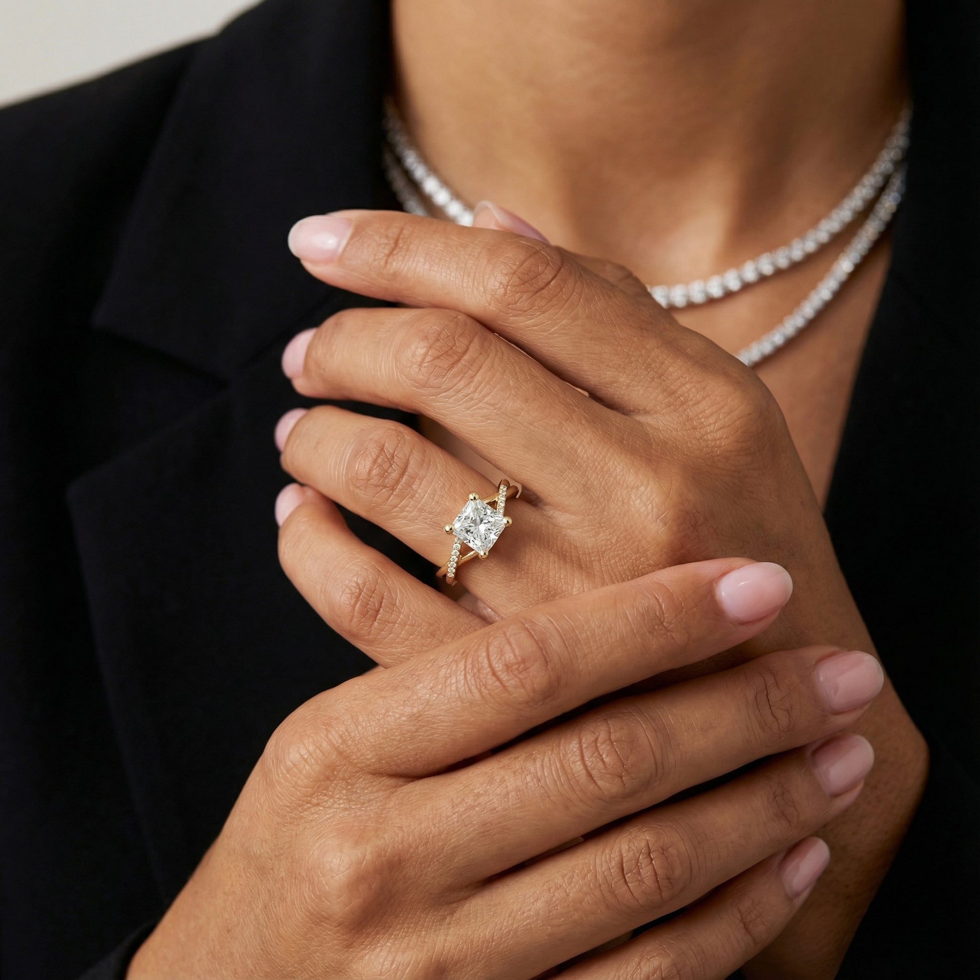 Princess Cut Lab Grown Diamond Engagement Ring with Twisted Pavé Band in Yellow Gold