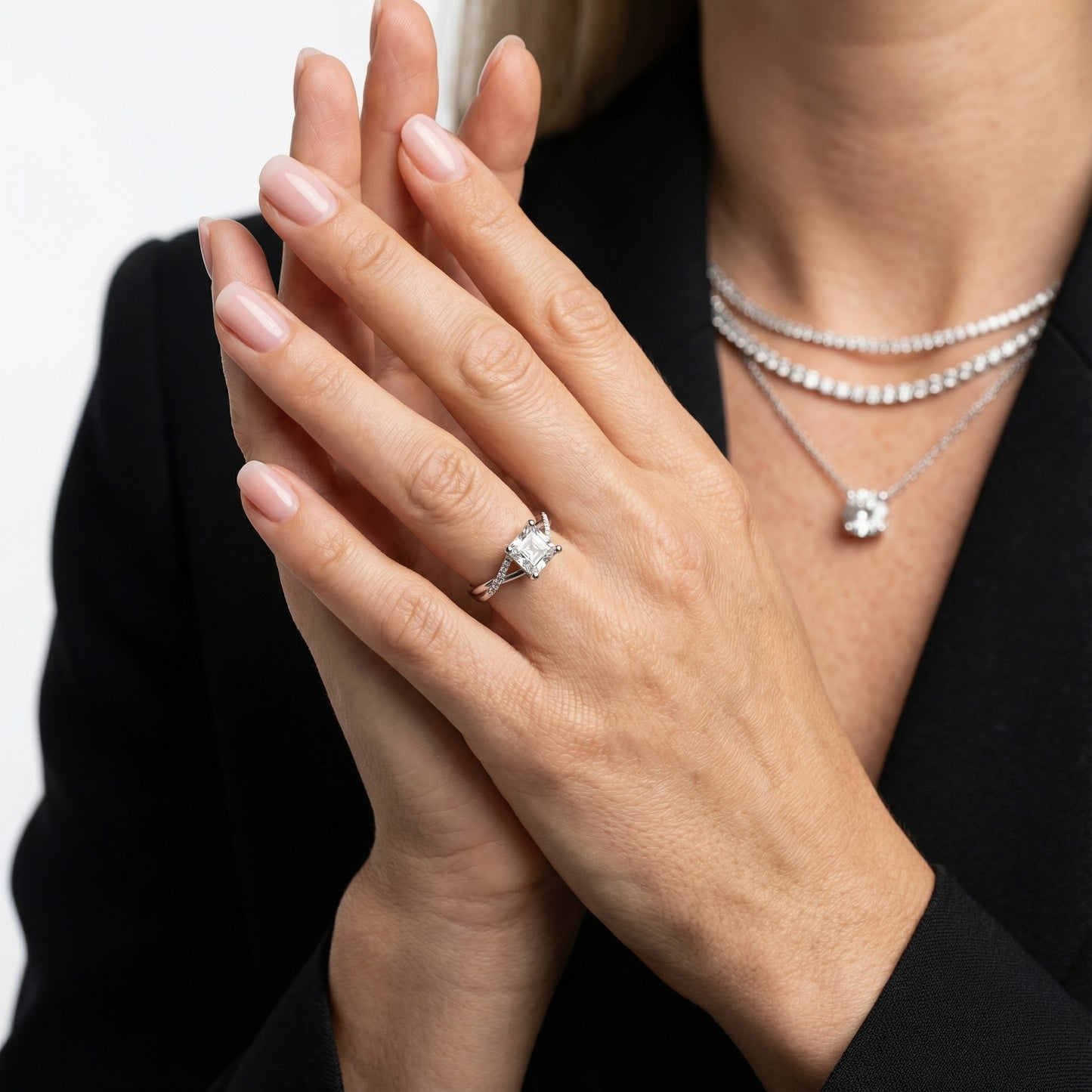 Asscher Cut Lab Grown Diamond Engagement Ring with Twisted Band in Platinum