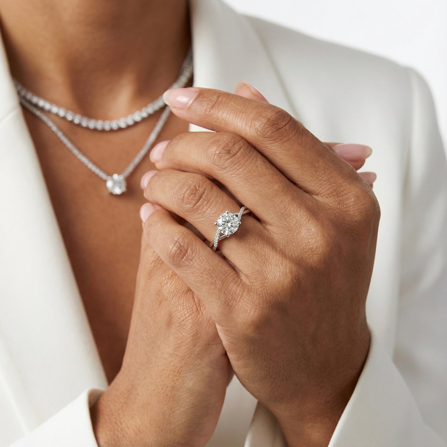 Round Cut Lab Grown Diamond Engagement Ring with Twisted Shank in White Gold