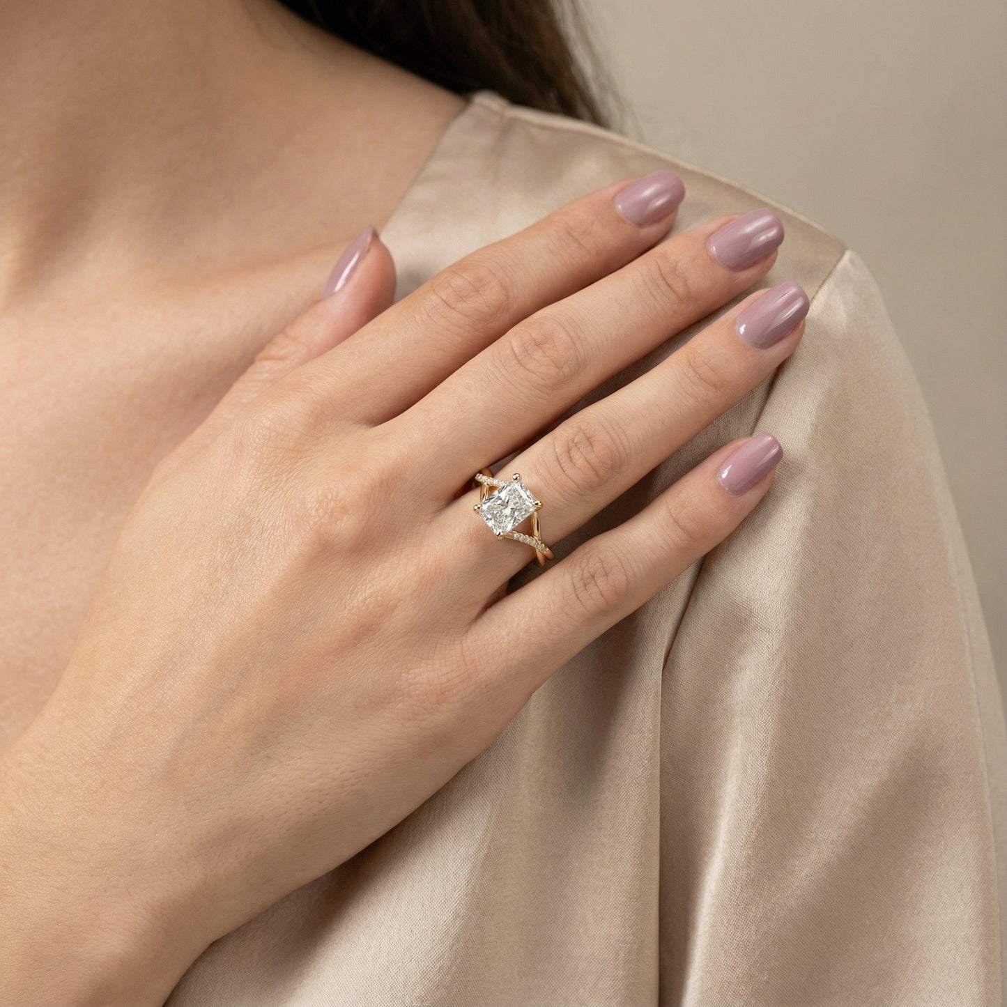 Radiant Cut Lab Grown Diamond Engagement Ring with Twisted Pavé Band in Yellow Gold