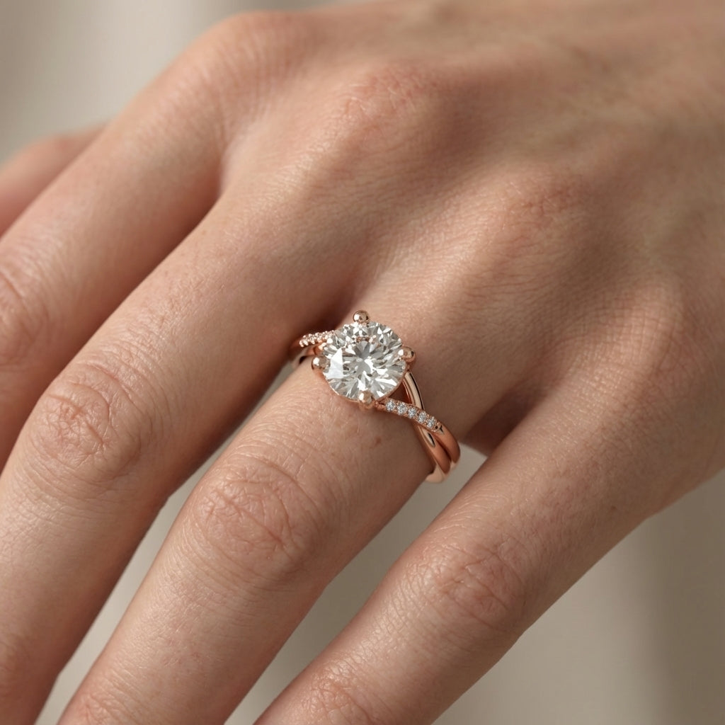Round Cut Lab Grown Diamond Engagement Ring with Twisted Shank in Rose Gold