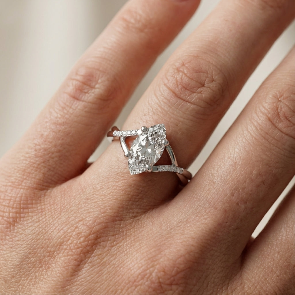 Marquise Cut Lab Grown Diamond Side Stone Twist Engagement Ring in White Gold