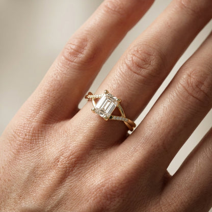 Emerald Cut Lab Grown Diamond Side Stone Engagement Ring in Yellow Gold