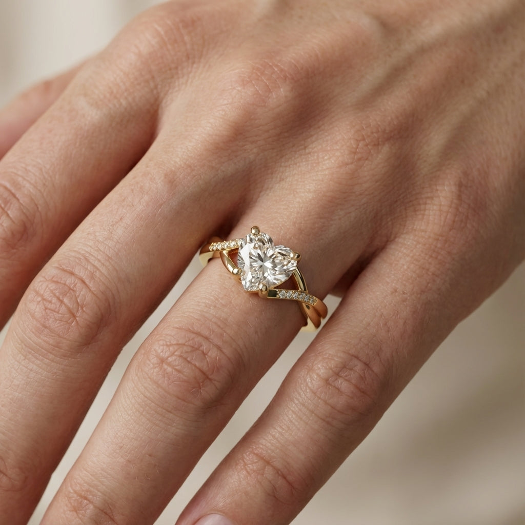 Heart Cut Lab Grown Diamond Engagement Ring with Twisted Band in Yellow Gold