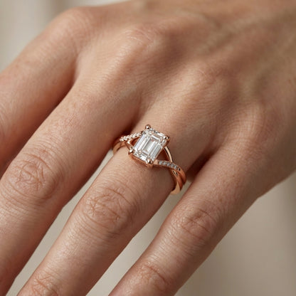 Emerald Cut Lab Grown Diamond Side Stone Engagement Ring in Rose Gold