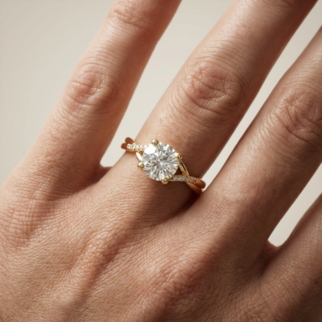 Round Cut Lab Grown Diamond Engagement Ring with Twisted Shank in Yellow Gold