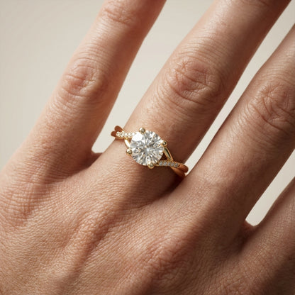 Round Cut Lab Grown Diamond Engagement Ring with Twisted Shank in Yellow Gold