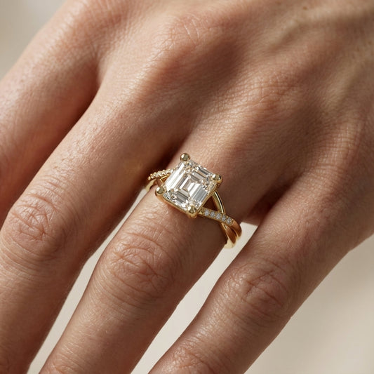 Asscher Cut Lab Grown Diamond Engagement Ring with Twisted Band in Yellow Gold