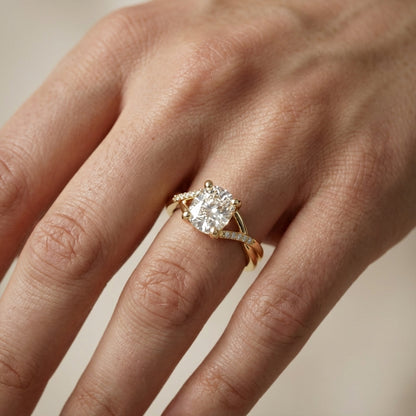 Cushion Cut Lab Grown Diamond Engagement Ring with Twisted Shank in Yellow Gold