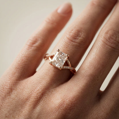 Radiant Cut Lab Grown Diamond Engagement Ring with Twisted Pavé Band in Rose Gold