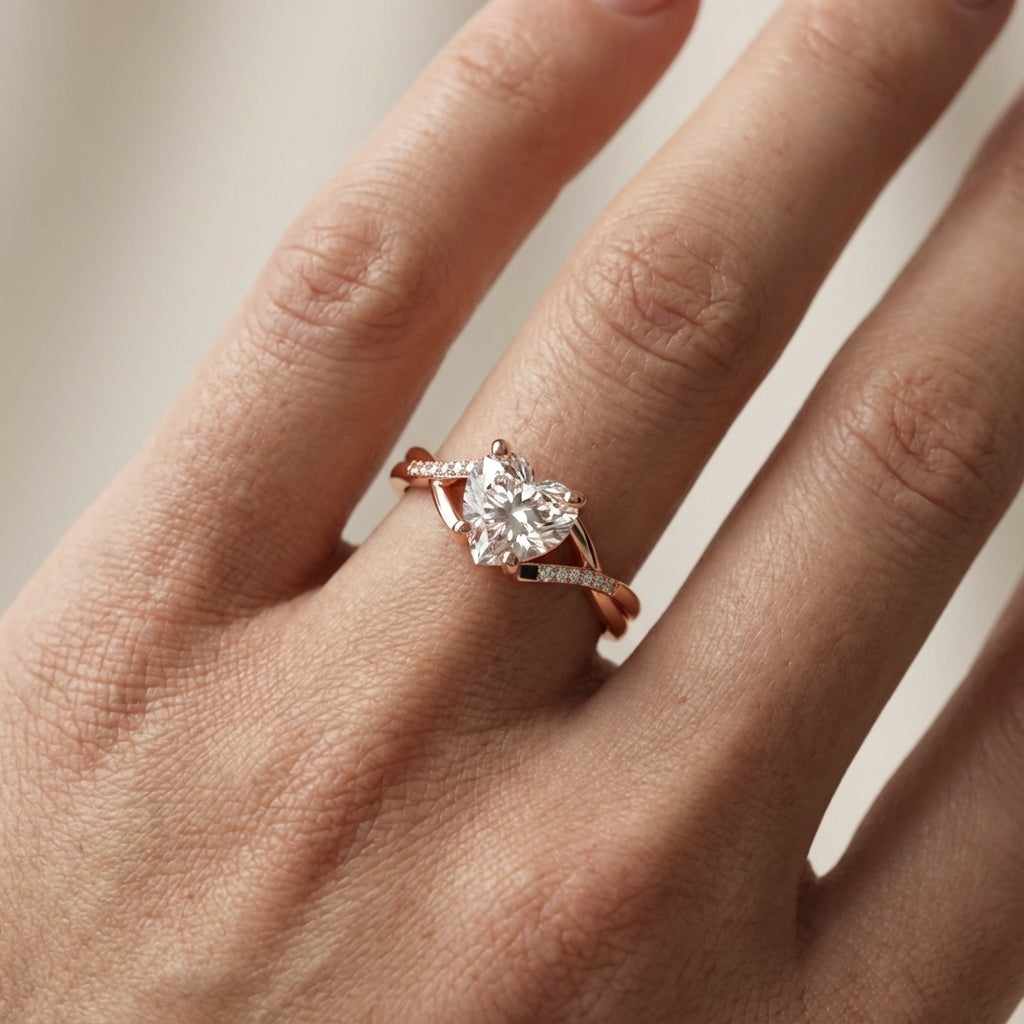 Heart Cut Lab Grown Diamond Engagement Ring with Twisted Band in Rose Gold
