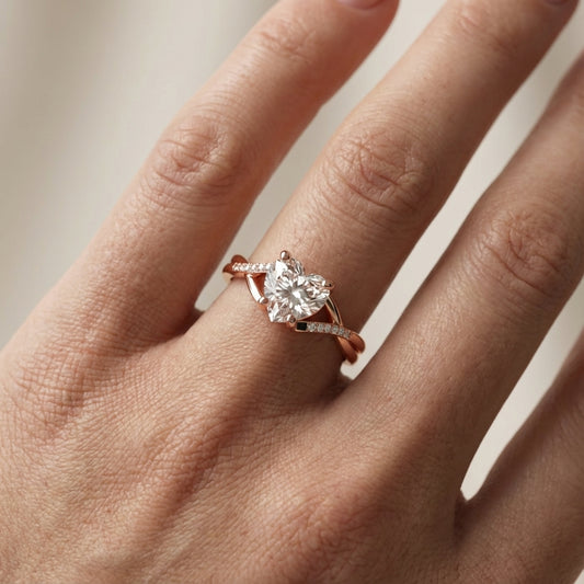 Heart Cut Lab Grown Diamond Engagement Ring with Twisted Band in Rose Gold