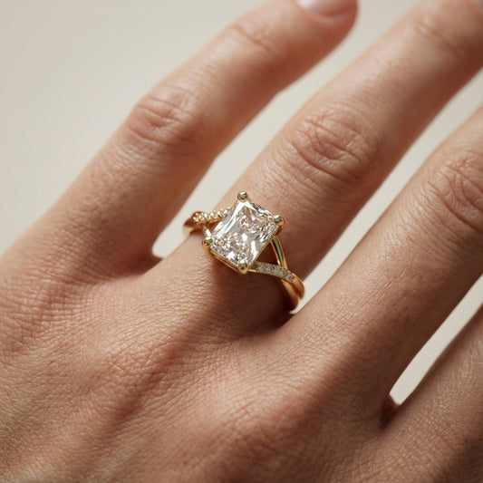 Radiant Cut Lab Grown Diamond Engagement Ring with Twisted Pavé Band in Yellow Gold