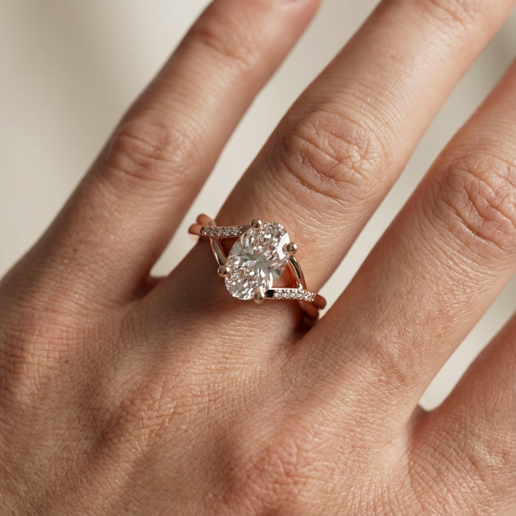 Oval Cut Lab Grown Diamond Engagement Ring in Rose Gold with twisted pave band