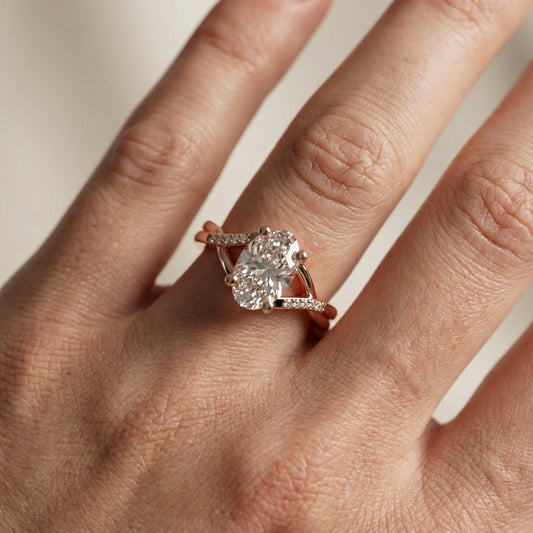 Oval Cut Lab Grown Diamond Engagement Ring in Rose Gold with twisted pave band