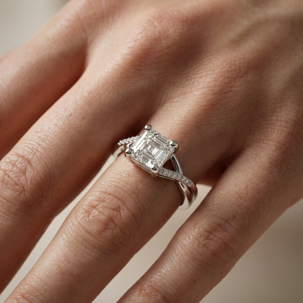 Asscher Cut Lab Grown Diamond Engagement Ring with Twisted Band in White Gold