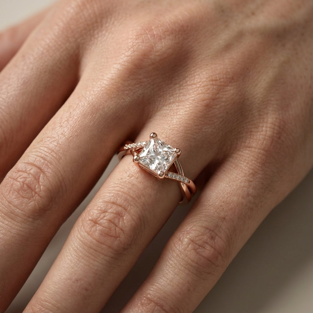 Princess Cut Lab Grown Diamond Engagement Ring with Twisted Pavé Band in Rose Gold