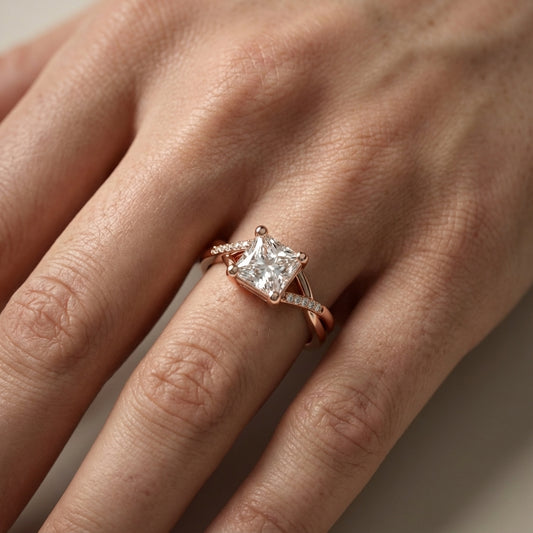 Princess Cut Lab Grown Diamond Engagement Ring with Twisted Pavé Band in Rose Gold