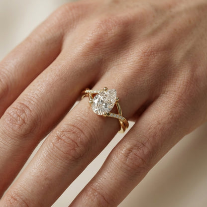 Pear Cut Lab Grown Diamond Engagement Ring with Twisted Band in Yellow Gold