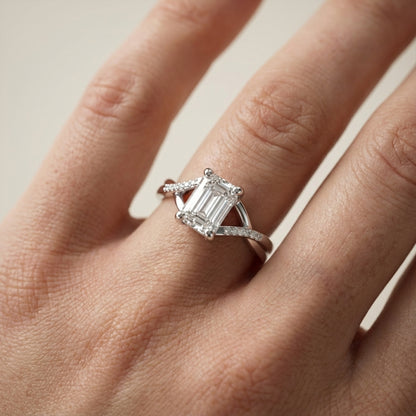 Emerald Cut Lab Grown Diamond Engagement Ring with Pave Side Stones in White Gold