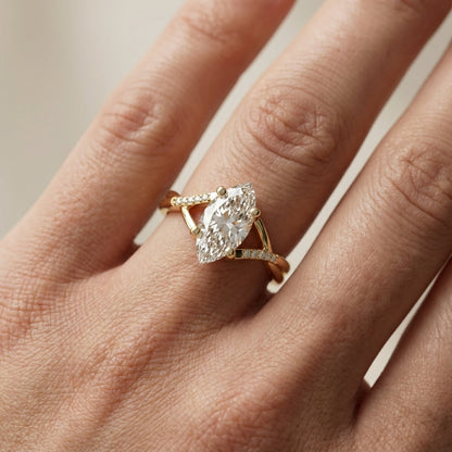 Marquise Cut Lab Grown Diamond Side Stone Twist Engagement Ring in Yellow Gold