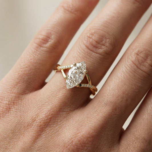 Marquise Cut Lab Grown Diamond Side Stone Twist Engagement Ring in Yellow Gold