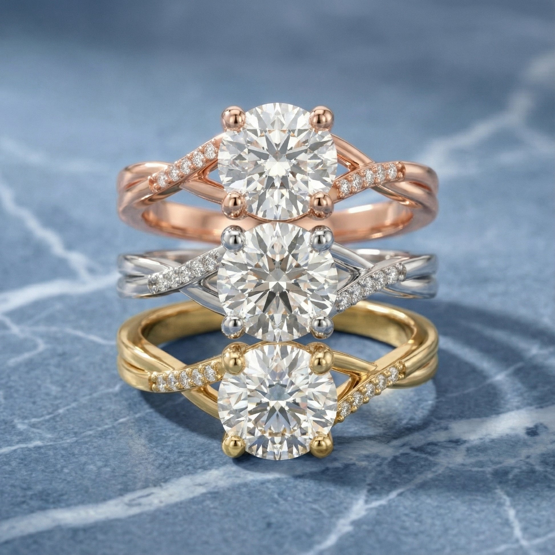 Round Cut Lab Grown Diamond Engagement Ring with Twisted Shank in Rose Gold