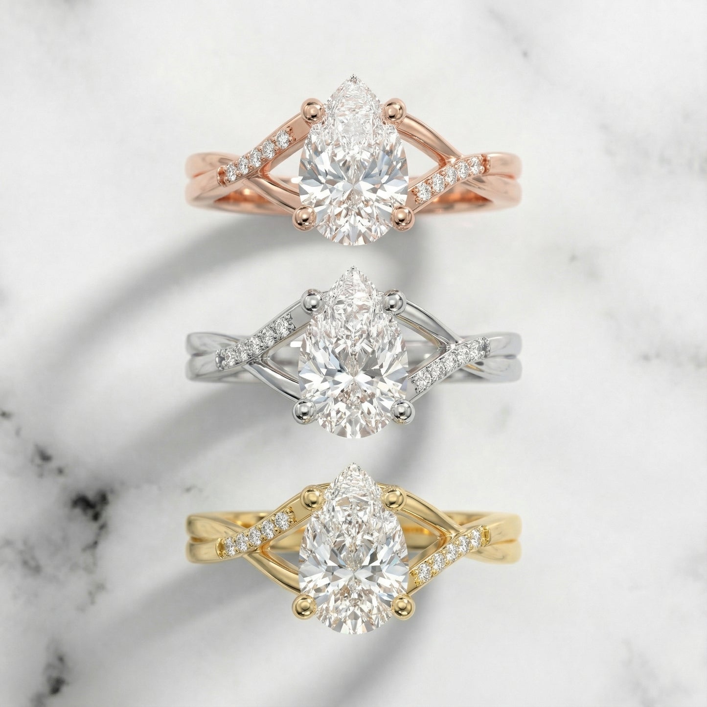 Pear Cut Lab Grown Diamond Engagement Ring with Twisted Band in Platinum