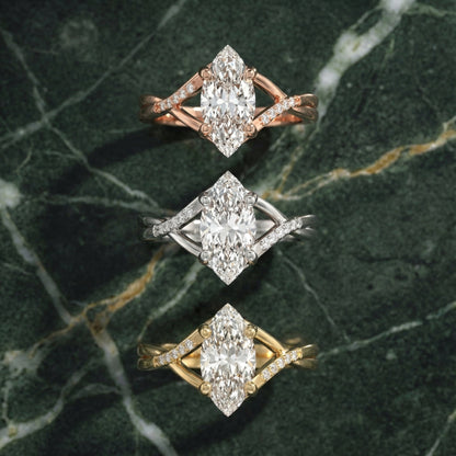 Marquise Cut Lab Grown Diamond Side Stone Twist Engagement Ring in Yellow Gold