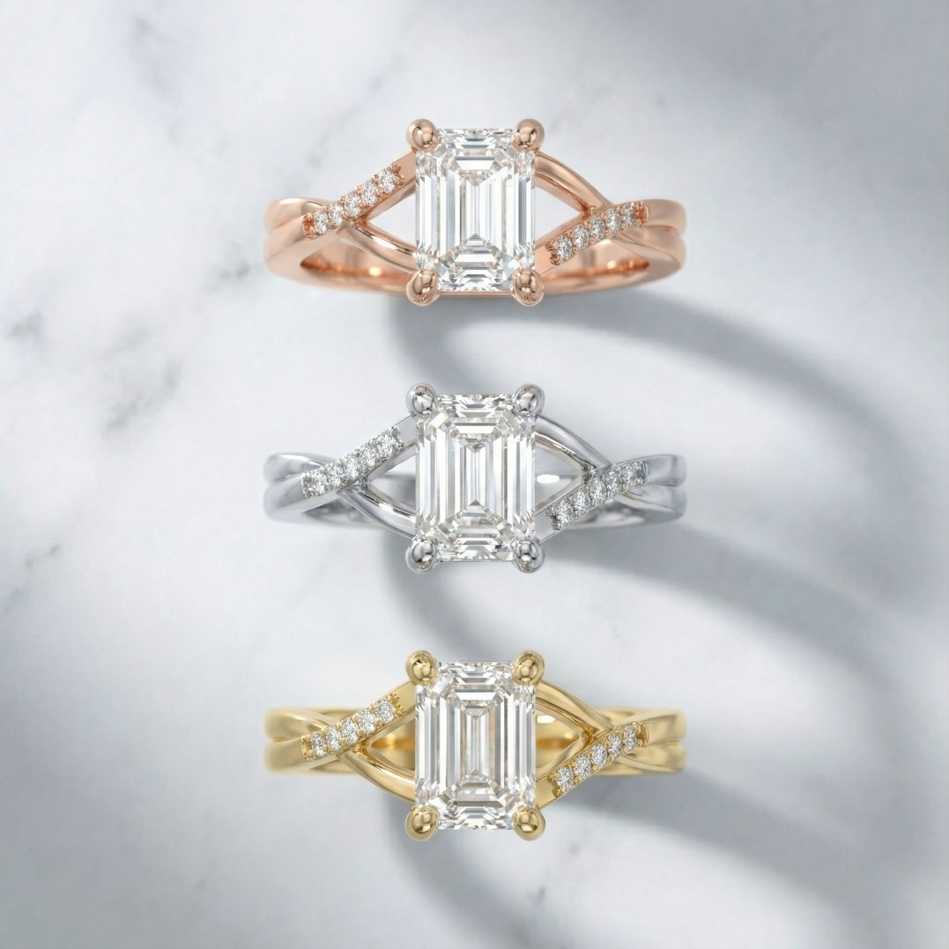 Emerald Cut Lab Grown Diamond Engagement Ring with Pave Side Stones in White Gold