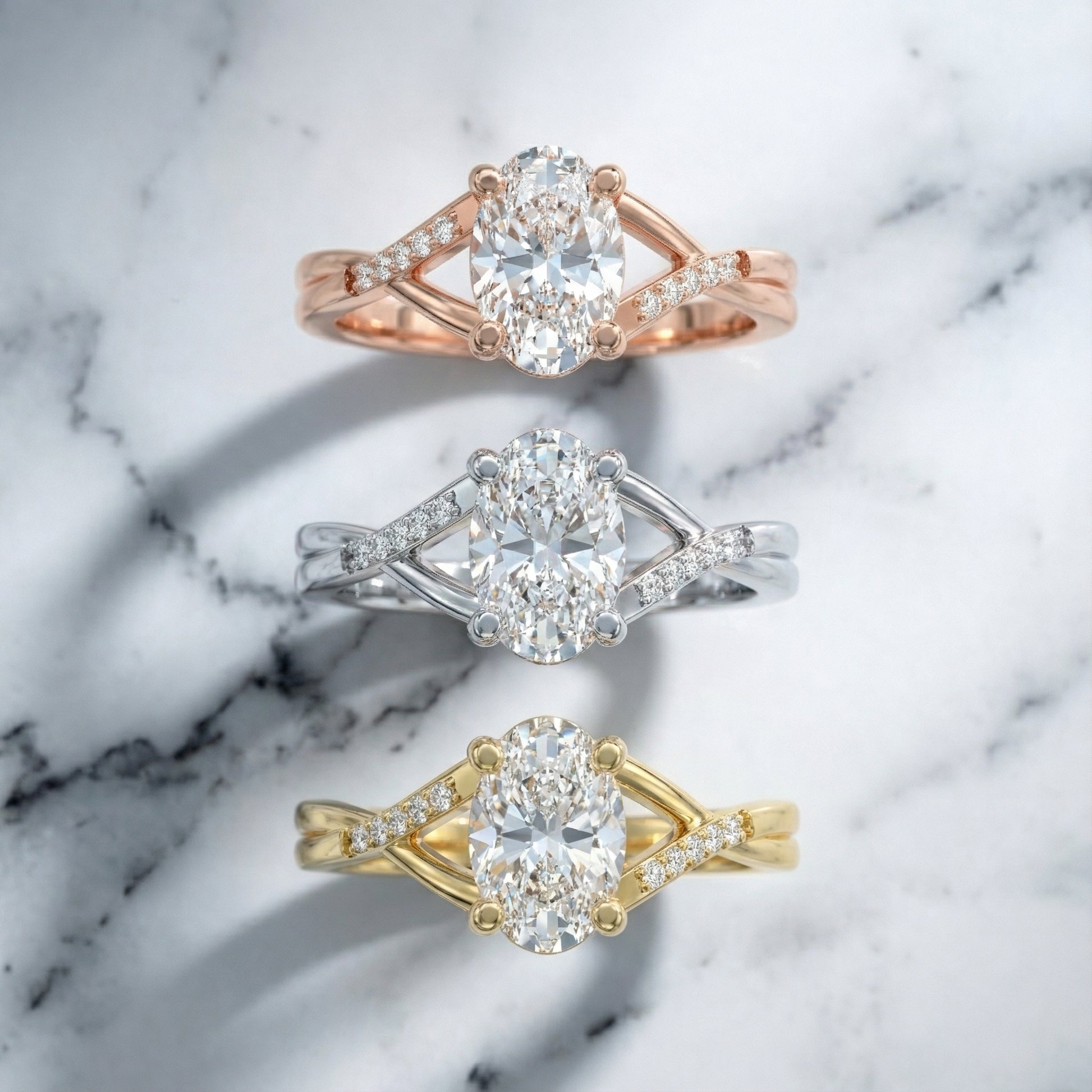 Oval Cut Lab Grown Diamond Engagement Ring in White Gold with twisted pave band