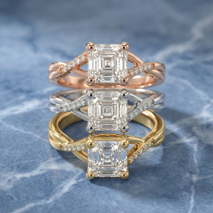 Asscher Cut Lab Grown Diamond Engagement Ring with Twisted Band in Silver