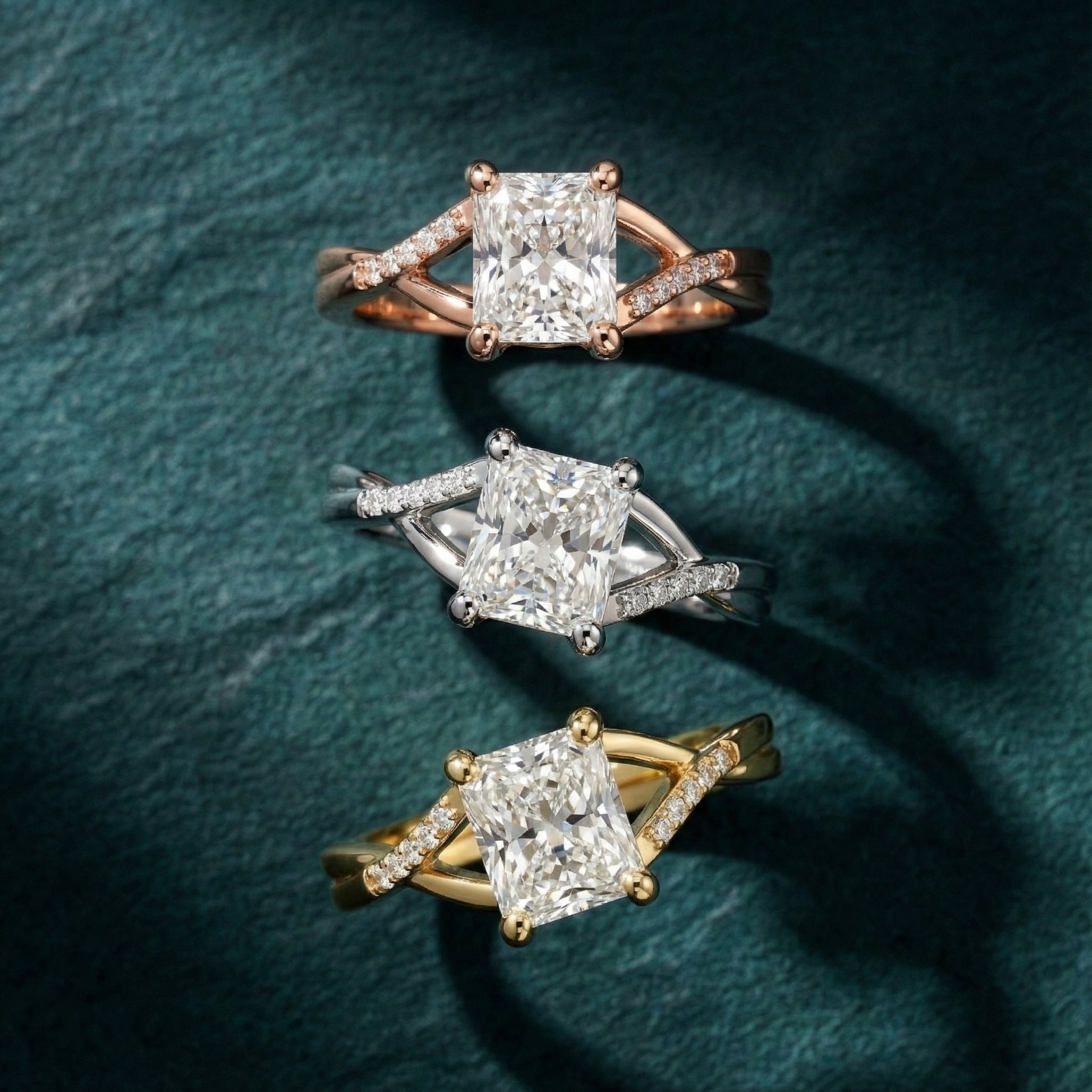 Radiant Cut Lab Grown Diamond Engagement Ring with Twisted Pavé Band in White Gold