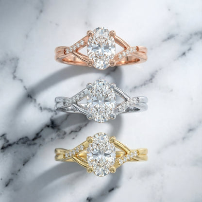 Oval Cut Lab Grown Diamond Engagement Ring in Rose Gold with twisted pave band