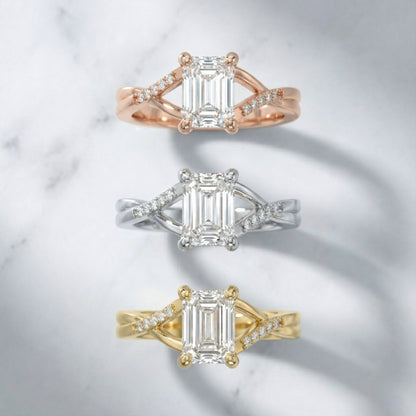 Emerald Cut Lab Grown Diamond Side Stone Engagement Ring in Yellow Gold