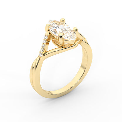 Marquise Cut Lab Grown Diamond Side Stone Twist Engagement Ring in Yellow Gold