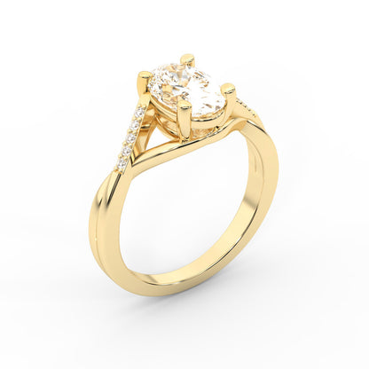 Oval Cut Lab Grown Diamond Engagement Ring in Yellow Gold with twisted pave band